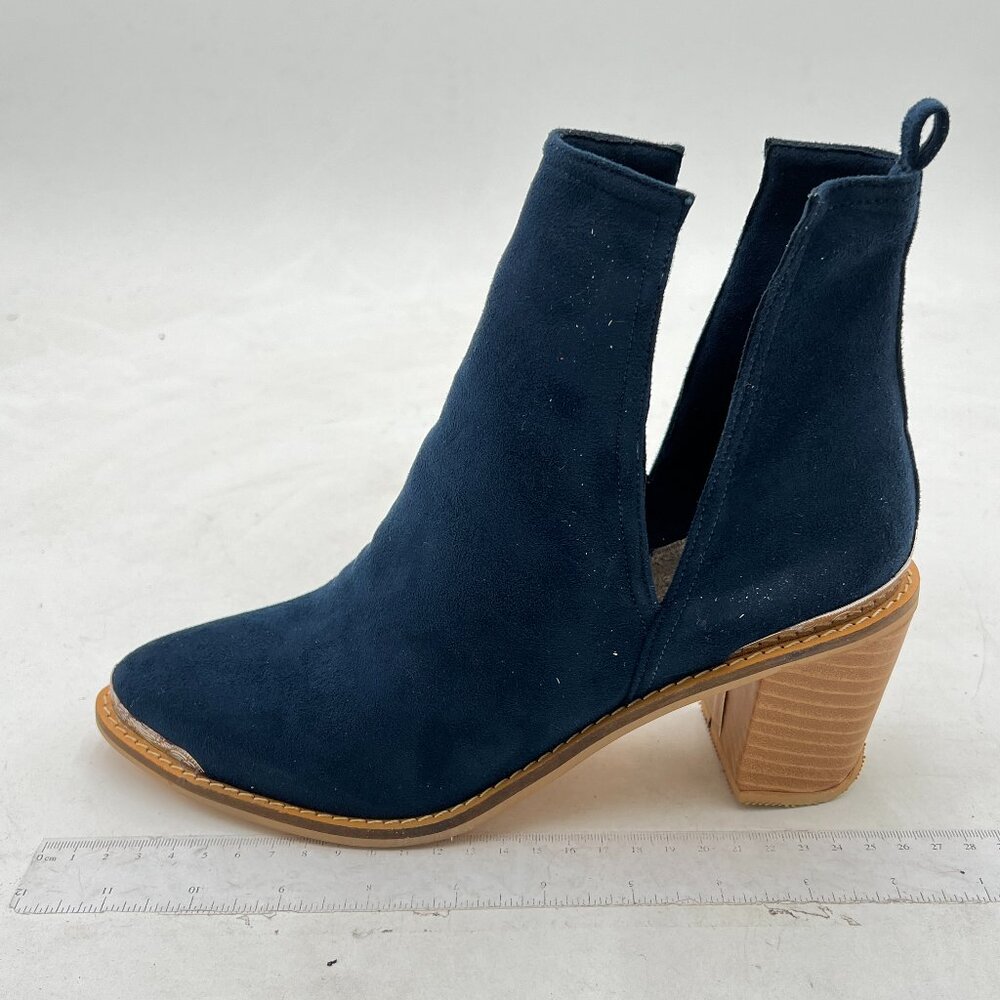 YDN Navy Mid Heeled Ankle Boots Faux Suede Cowboy Booties Cutout with Metal Toe